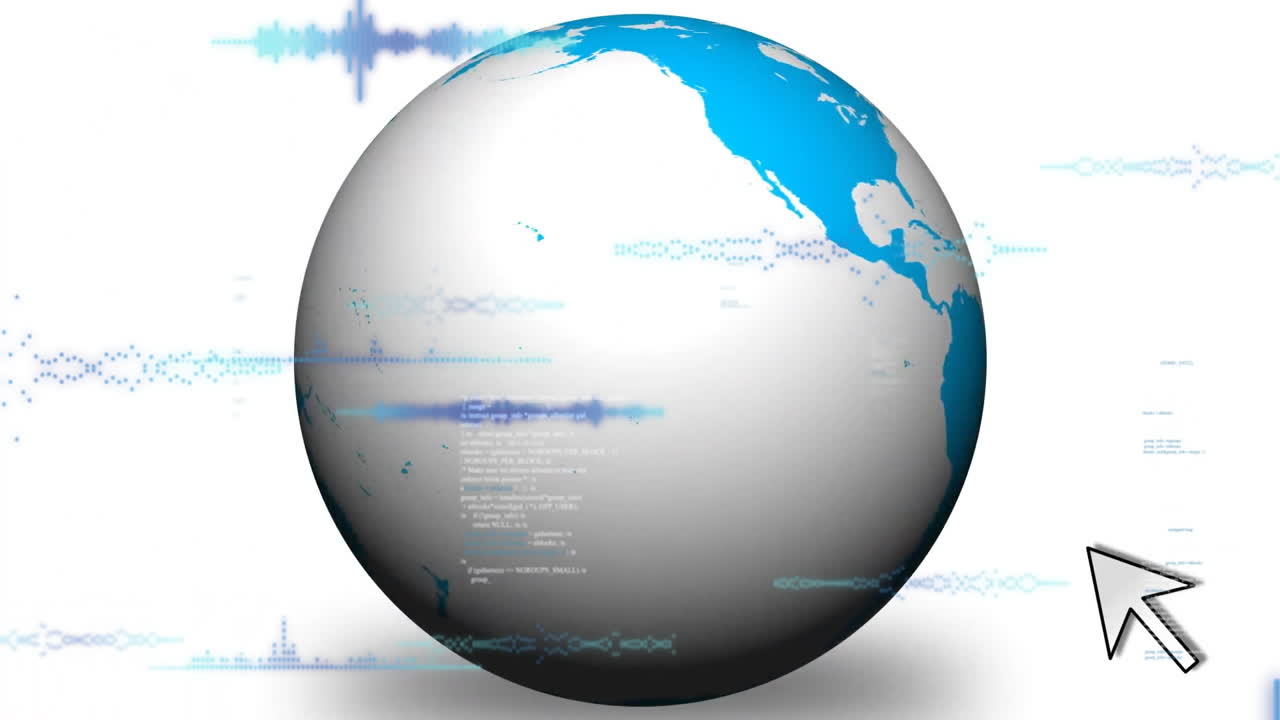 Animation of globe with digital data patterns and cursor icon on white background