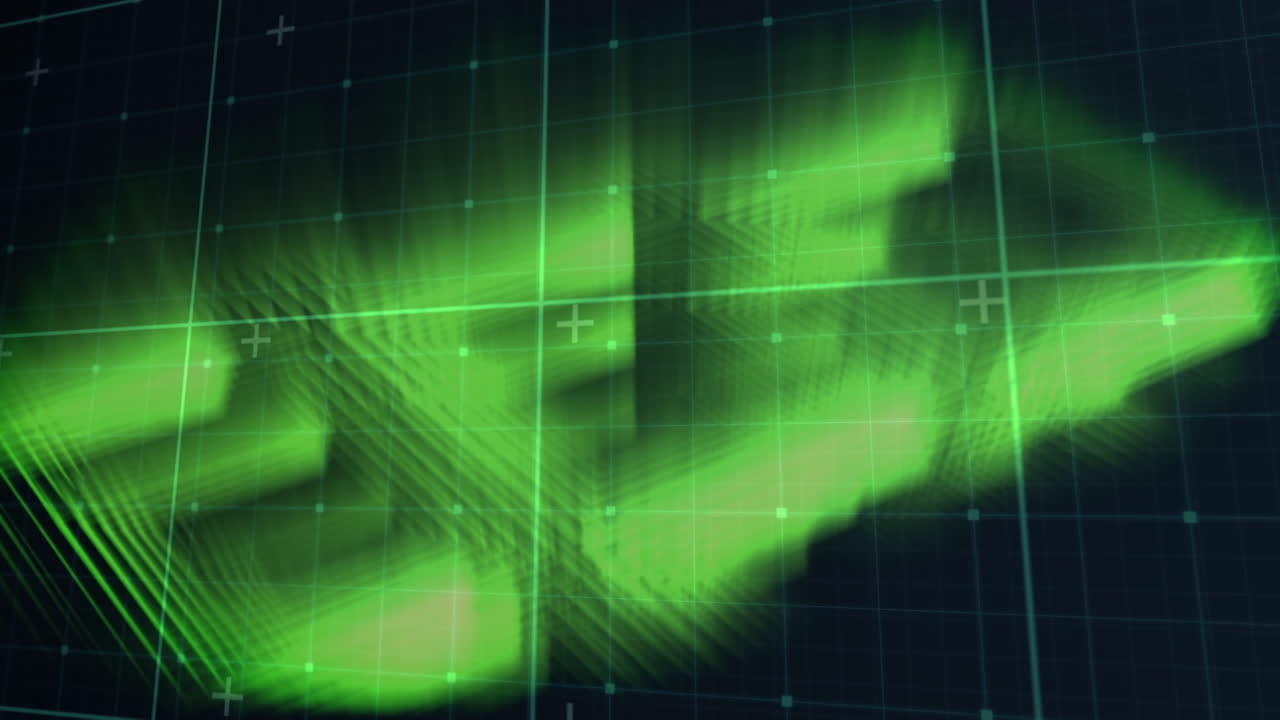 Animation of green grid and particles forming dna helix over processing green data on black
