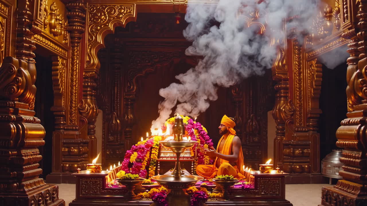 Hindu Priest Performing a Ritual in a Temple