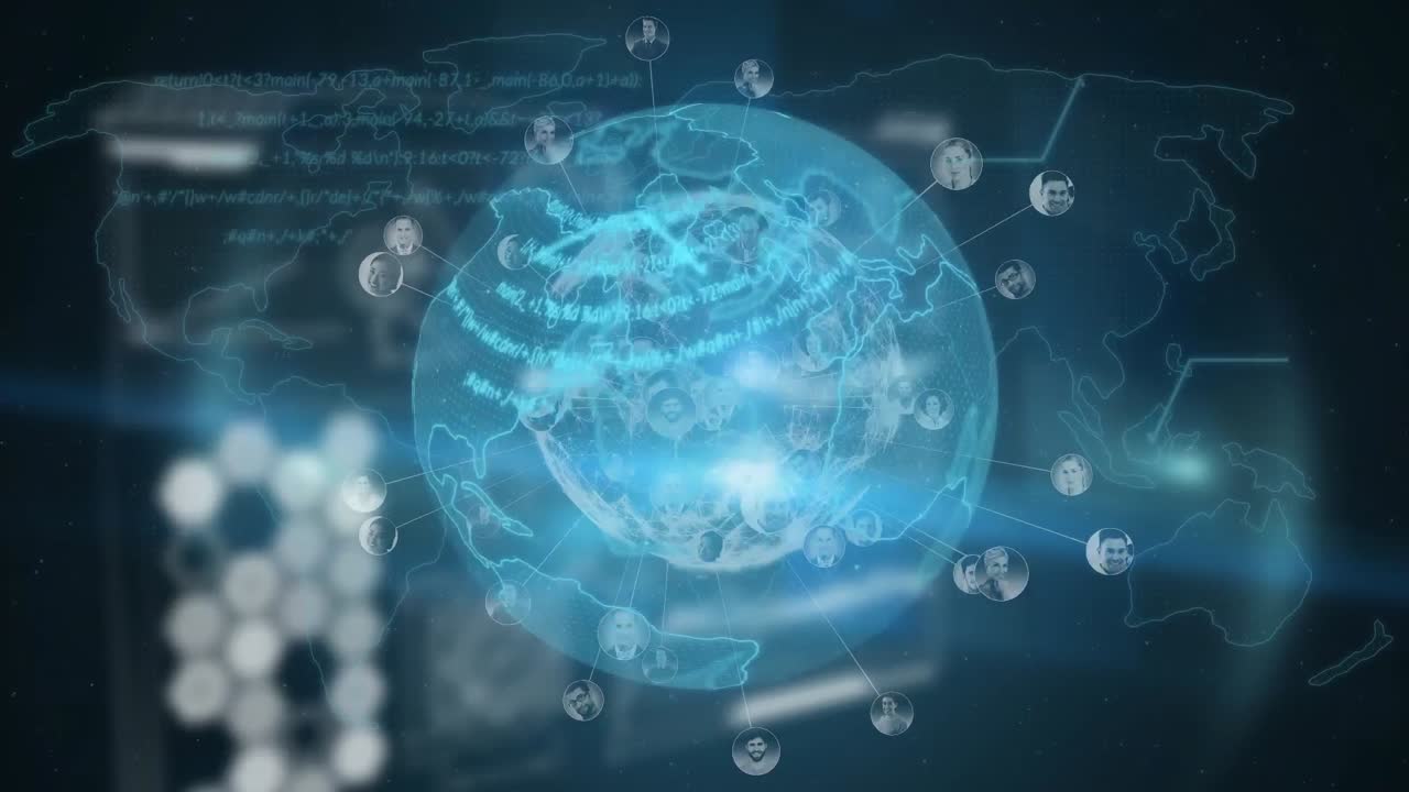 파란색 배경의 지도에 대한 지구상의 데이터에 대한 심장 리 ⁇ 의 애니메이션