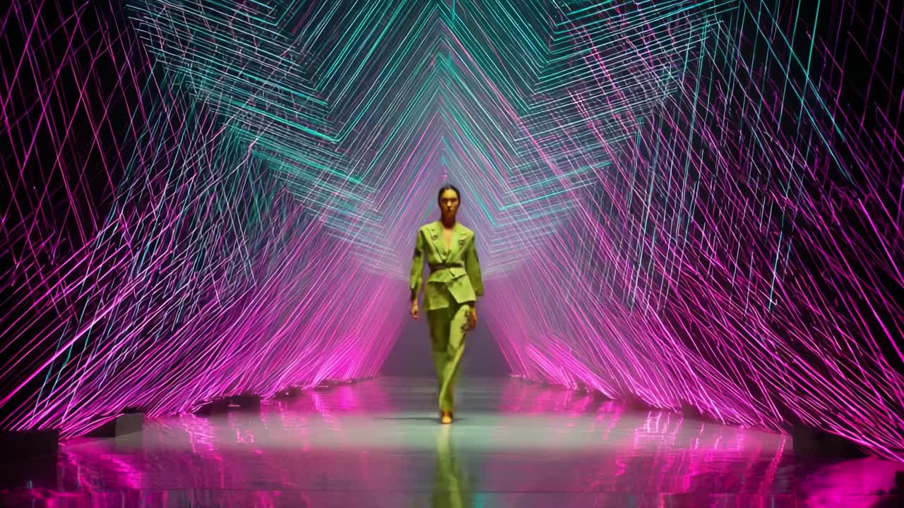 A Stunning Fashion Showcase: A Model Walks Confidently on a Catwalk Surrounded by Dynamic Neon Light Patterns, Signifying the Intersection of Fashion and Art in a Captivating Visual Experience