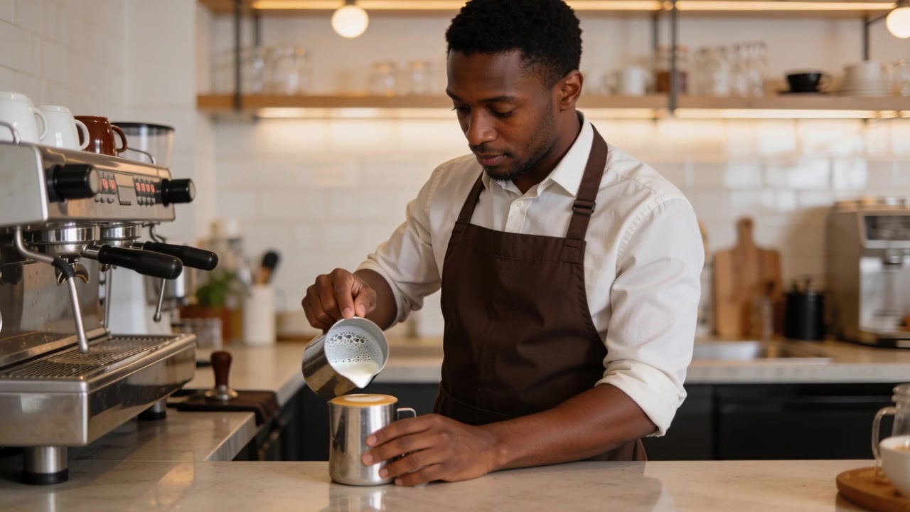 Barista con grembiule che inclina la lattiera e versa il latte in una tazza al bancone del caffè, creando latte art.