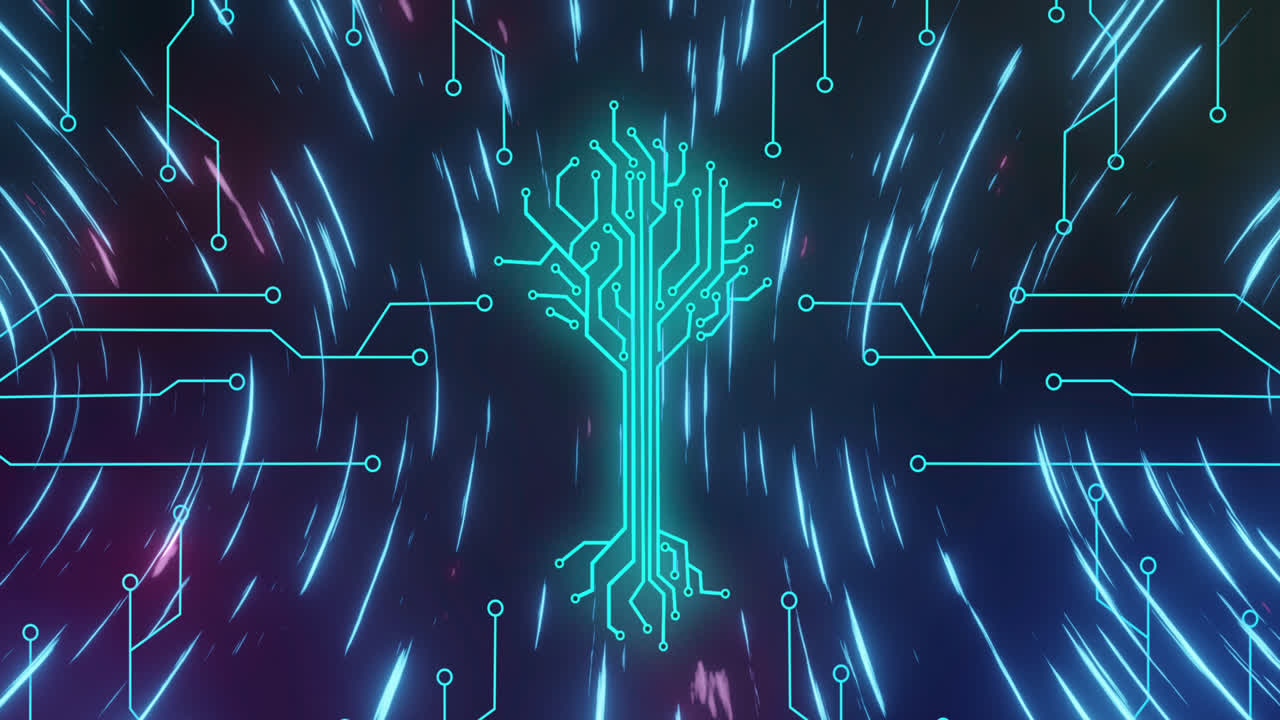 animación de circuitos integrados sobre luces en espacio digital negro