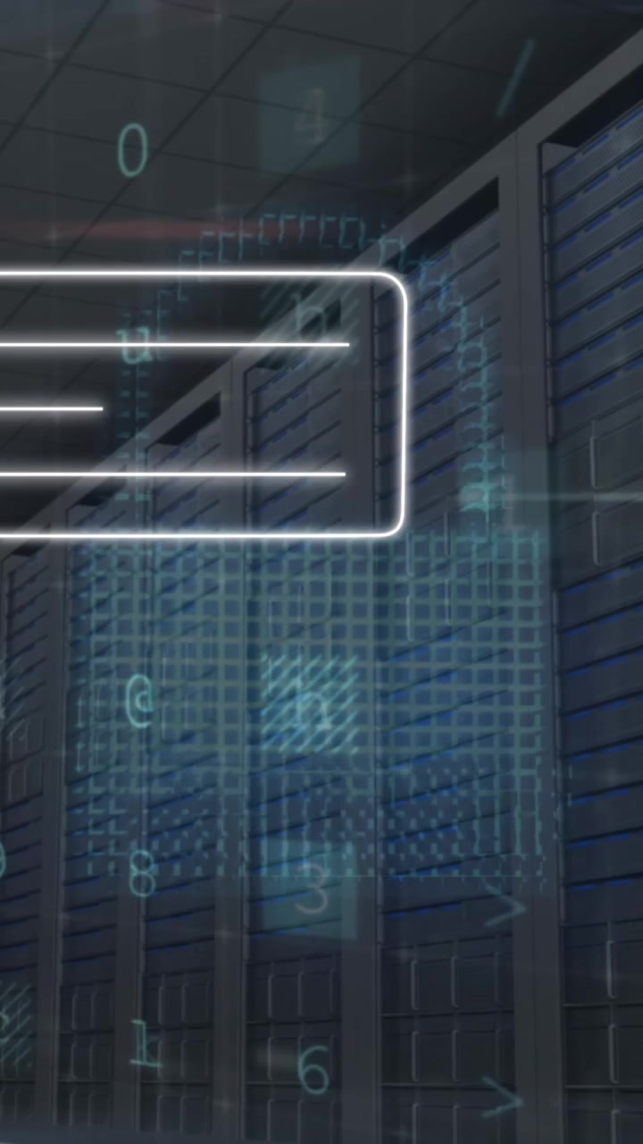 Animation of profile with message icon and cyber security data processing against server room
