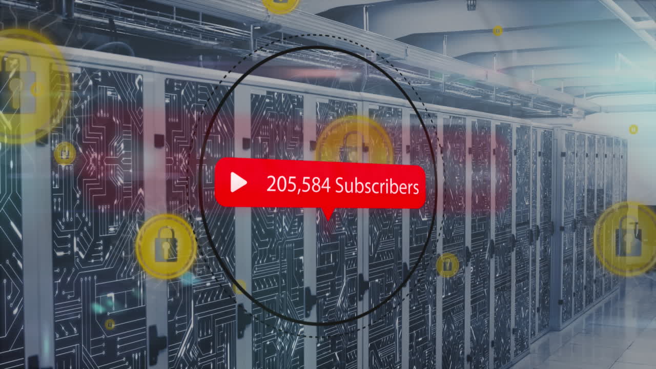 Animation of computing data processing and icons over computer servers