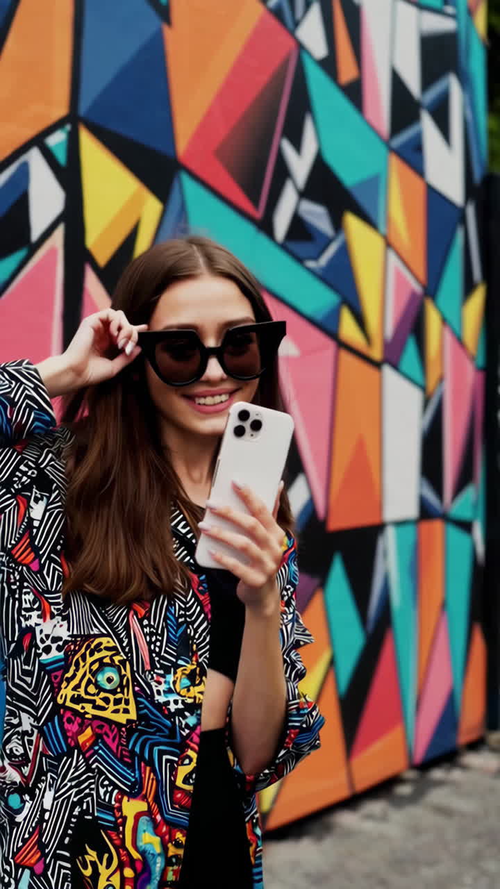 Stylish Woman with Sunglasses and Colorful Jacket Holding Phone in front of Street Art