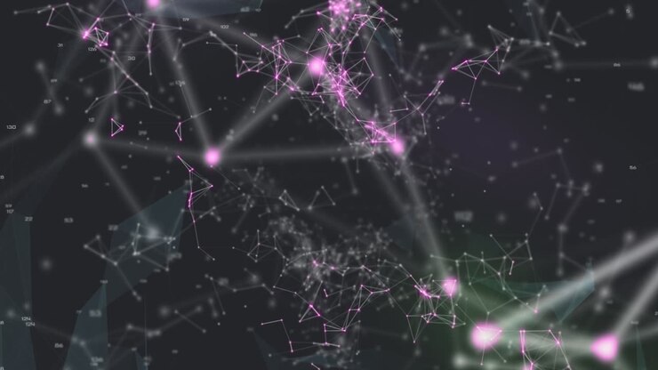 Animation of colourful QR code with web connection over space cloud and galaxy