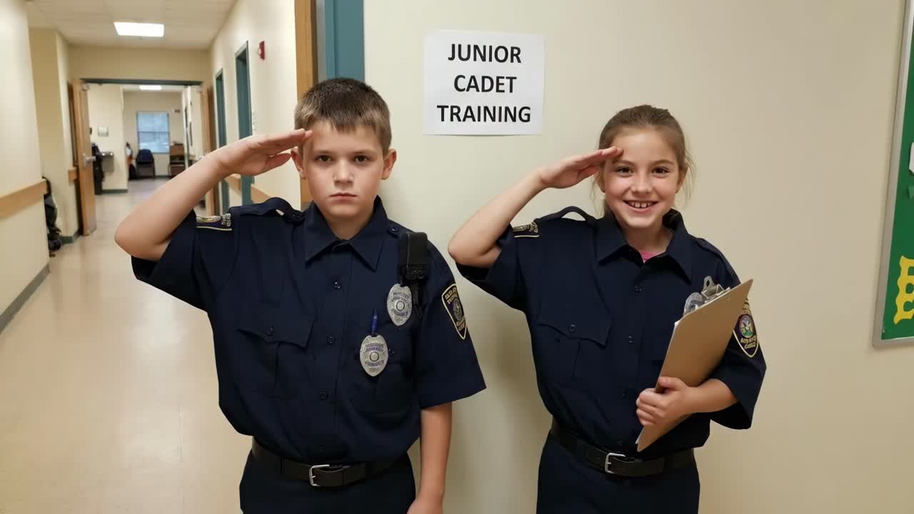Due bambini in uniforme della polizia che salutano durante l'addestramento da cadetti
