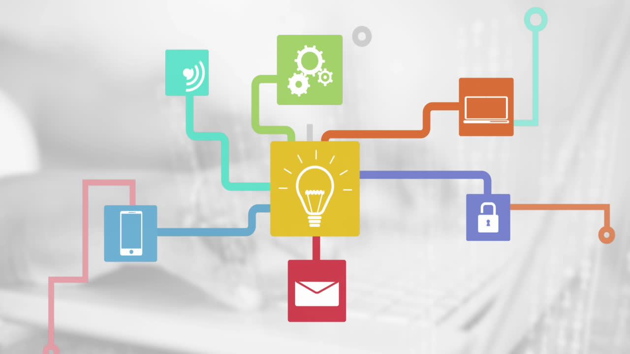 Animation of flowchart of icons over cropped hand using laptop