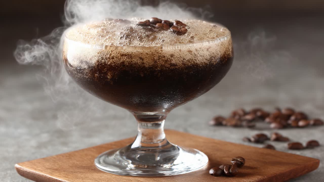 A deliciously crafted beverage featuring rich coffee flavors, topped with frothy foam, and adorned with aromatic coffee beans presentations, perfect for dessert lovers