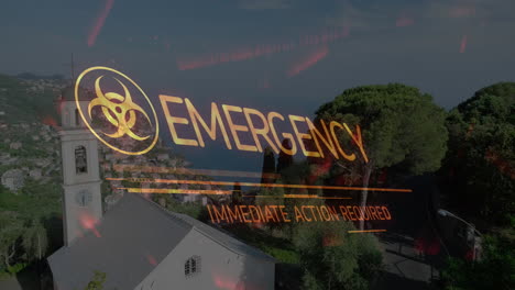 animación del símbolo de peligro biológico y el texto de emergencia sobre el paisaje urbano