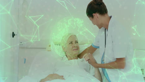 nurse holding patient hand by iv stand in hospital, showing stethoscope and network health overlay