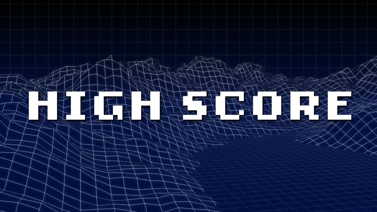 animación del texto de puntaje alto en letras blancas sobre el fondo del metaverso