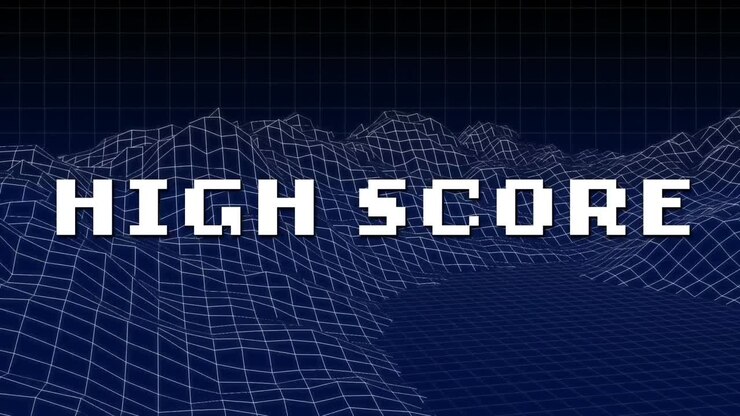 Animation of high score text in white letters over metaverse background