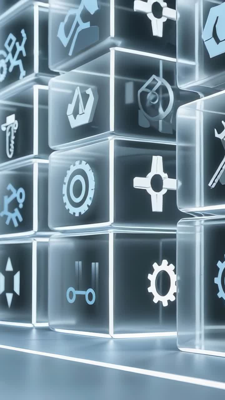 Vertical video: Starting cube detaching then reintegrating in studio, showcasing engineering icon