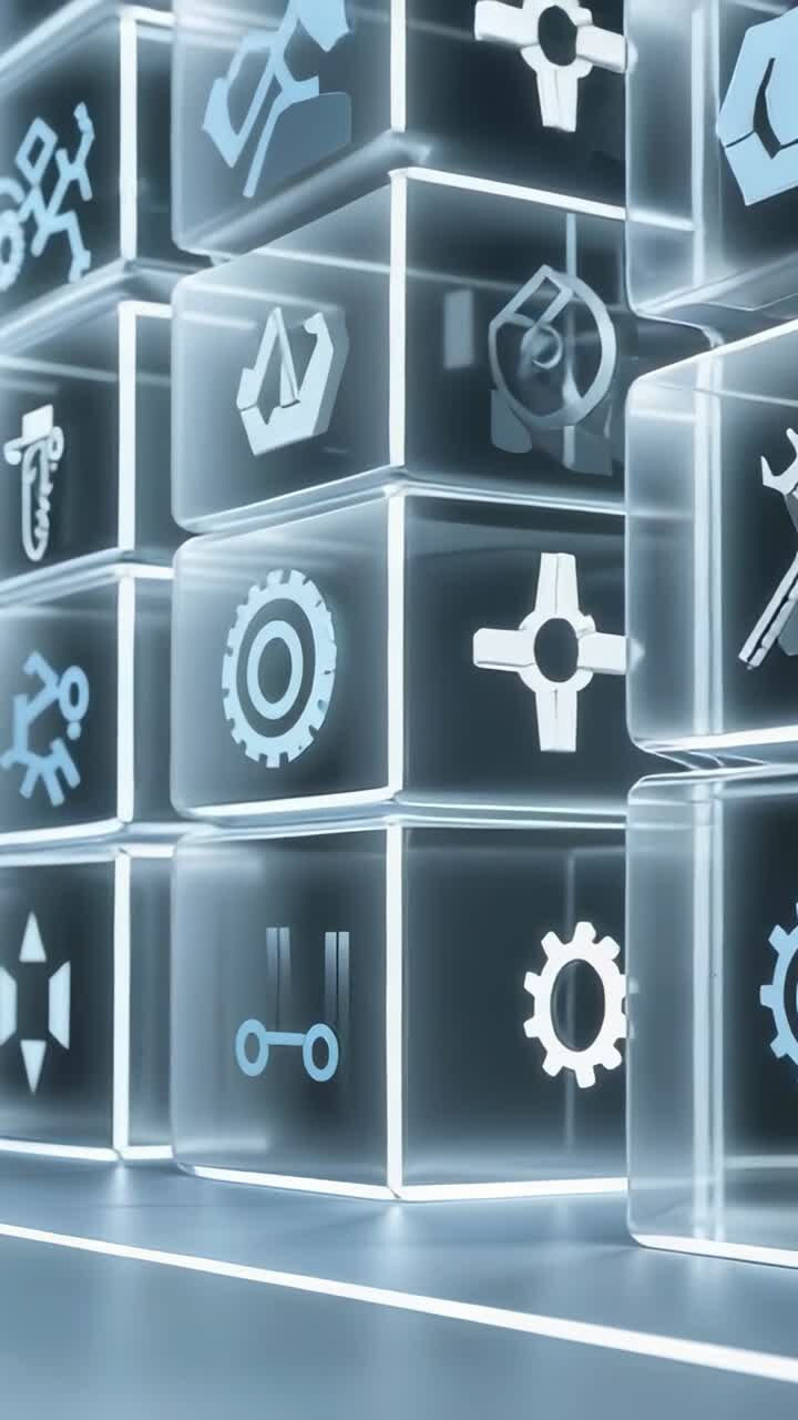 Vertical video: Starting cube detaching then reintegrating in studio, showcasing engineering icon