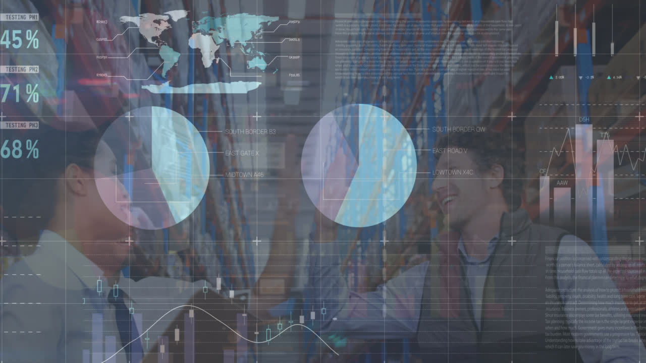 animación de gráficos financieros sobre diversas mujeres y hombres trabajadores de almacén aplaudiendo