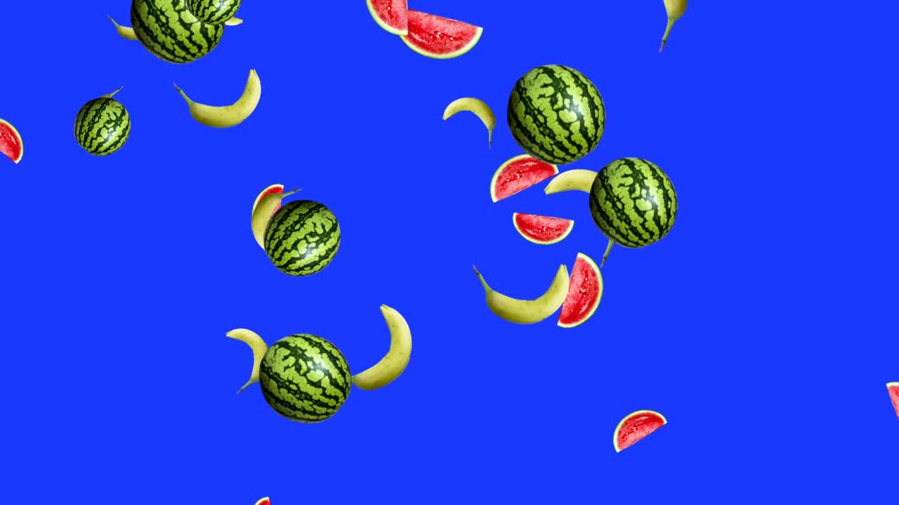 frutas cayendo animación croma elemento clave bucle, melones y plátanos