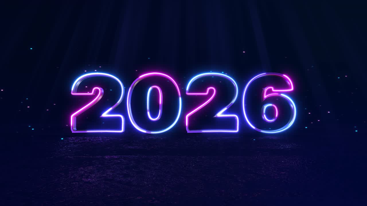 Happy new year 2026 animation golden shiny light effect cyber technology computer background luxury
