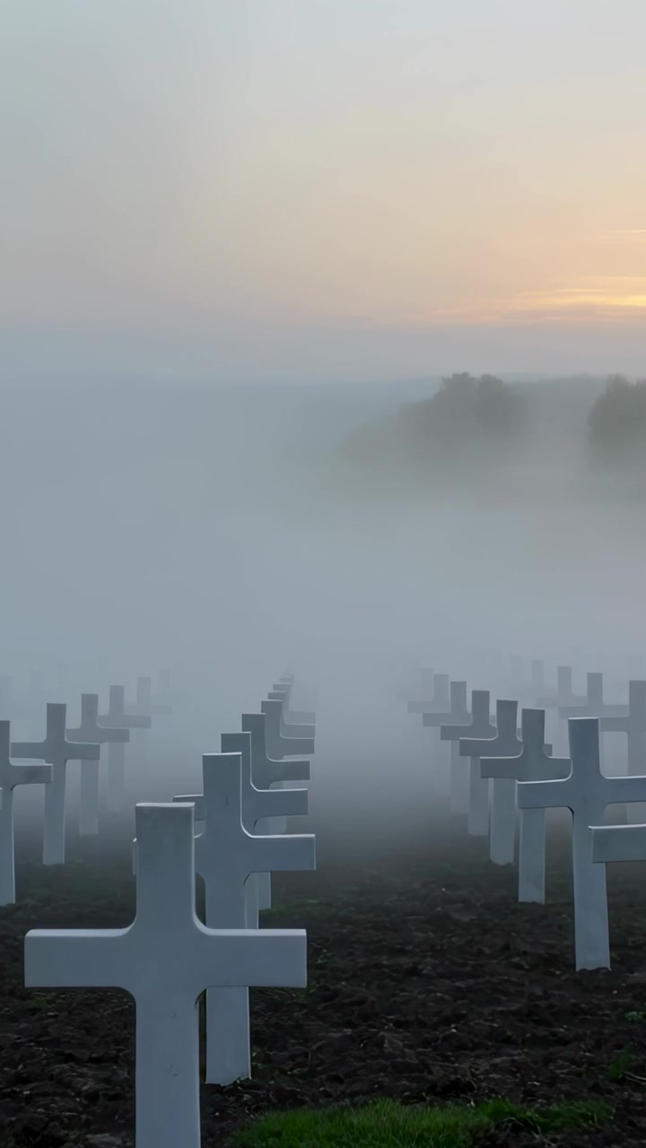 Video verticale: Carrello in movimento che mostra croci bianche in un cimitero nella nebbia, aggiungendo profondità e solennità.