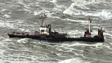 Aerial-View-of-Zeila-Shipwreck,-Tourist-Attraction-in-Namibia,-Africa