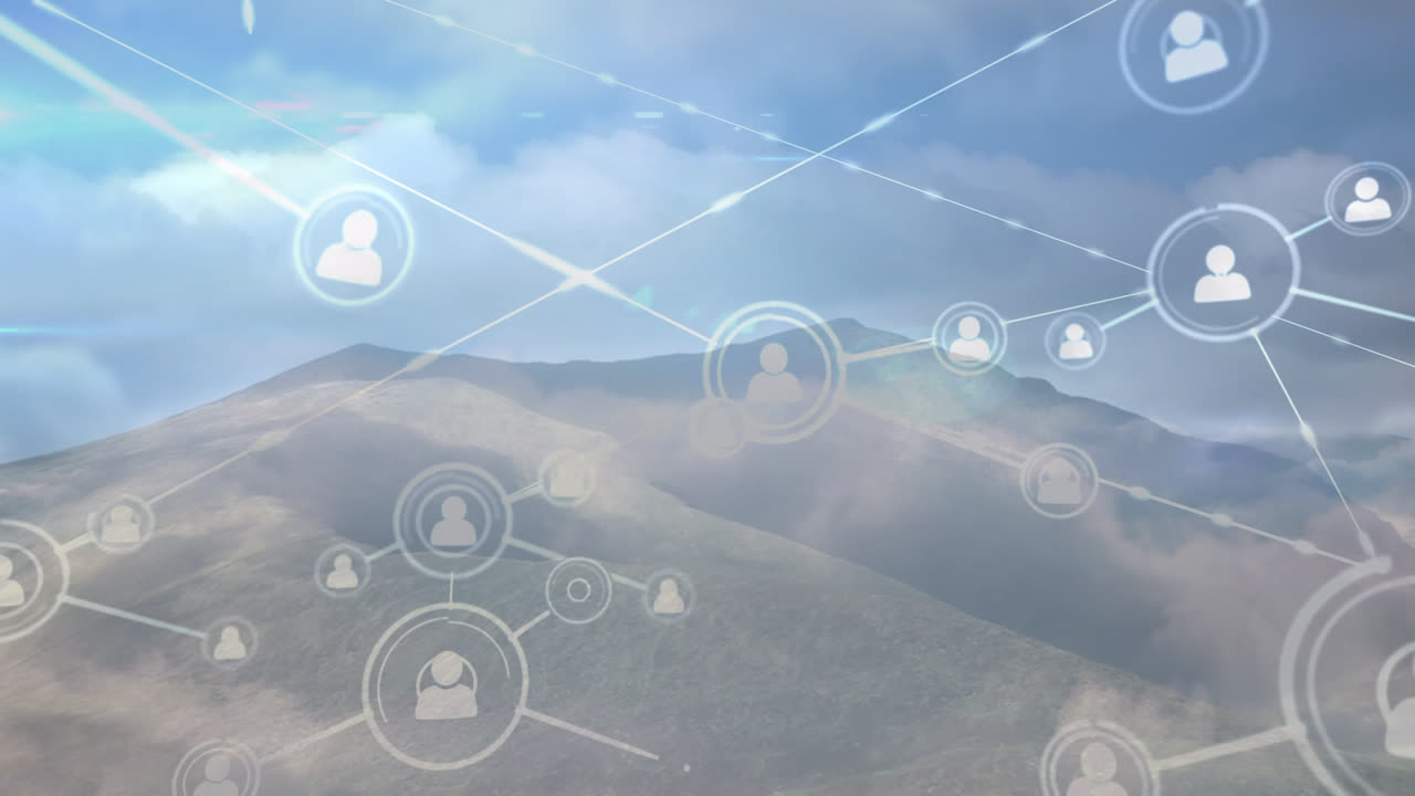 animación de la red de conexiones con iconos sobre el paisaje