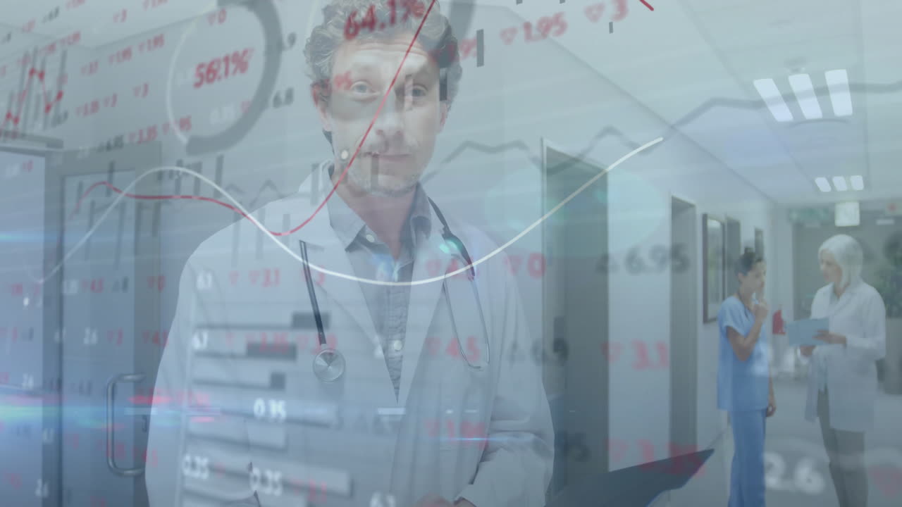 Male doctor standing in hospital corridor, interacting with animated chart icons and data overlays