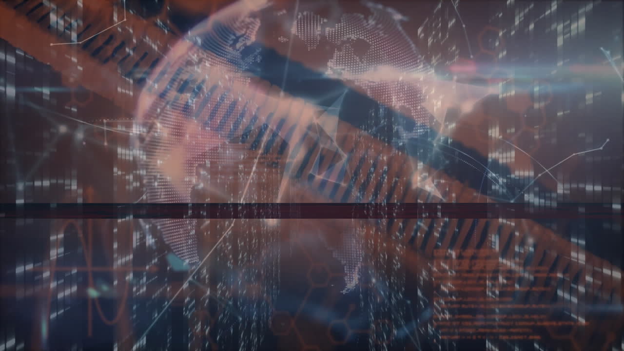 Abstract digital patterns and data processing animation over geometric shapes