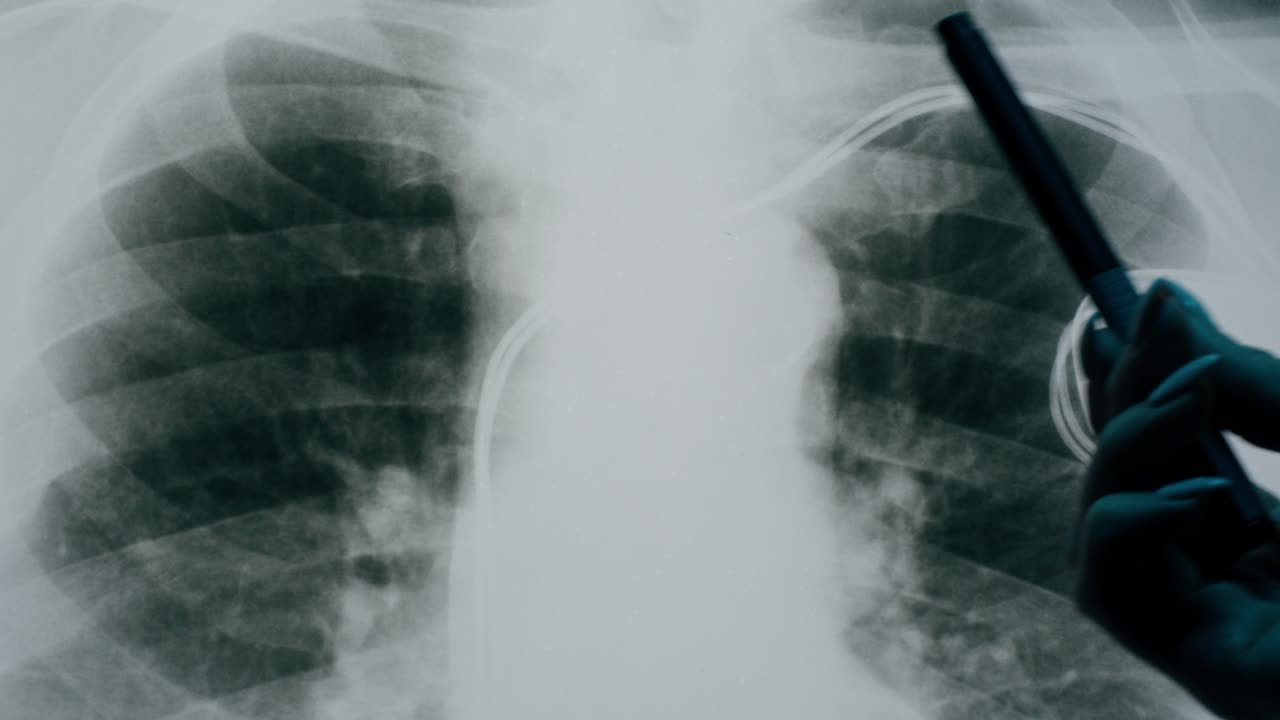 Doctor's Hand Pointing at Chest X-ray with Pacemaker