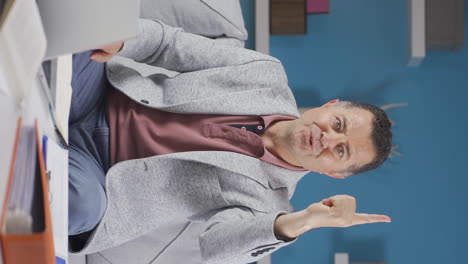 video vertical de un anciano trabajador de oficina en casa que se le ocurre una idea mirando a la cámara.