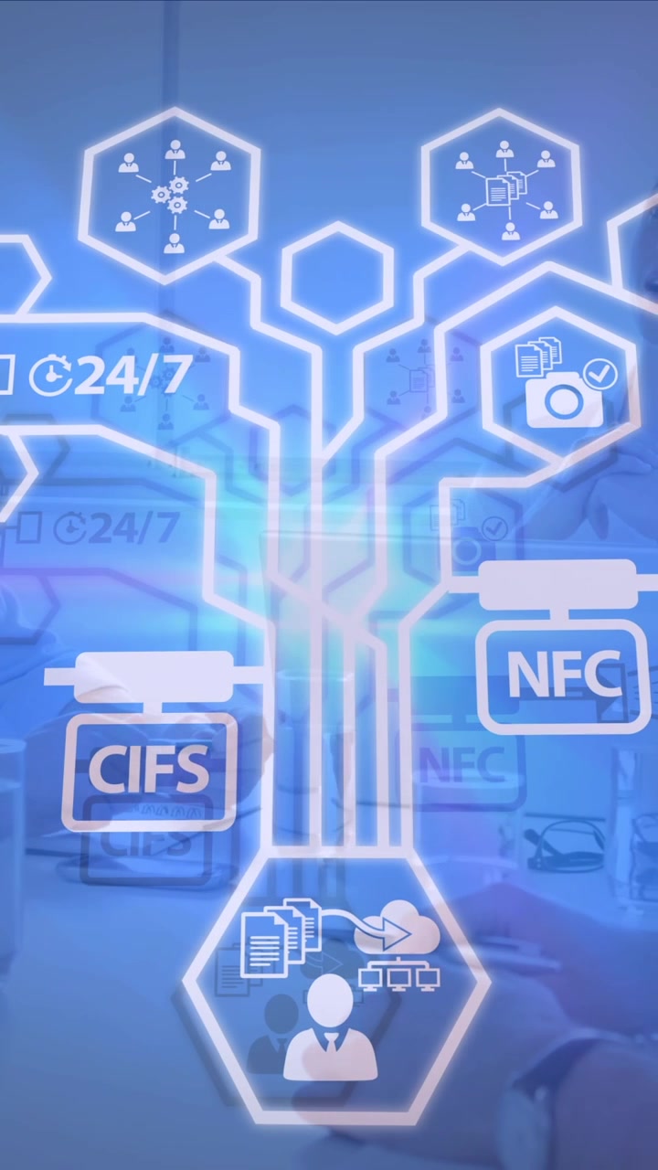 Animation of network of digital icons over diverse business people
