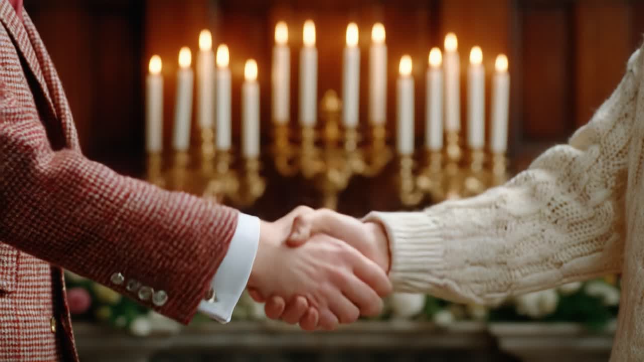 A Warm Gesture of Connection: A Close-Up on Two Hands Engaged in a Gentle Handshake Against a Cozy Candlelit Background