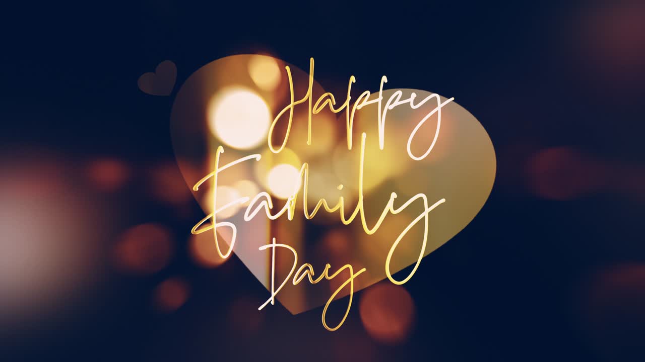 HAPPY FAMILY DAY golden text with beautiful flare light bokeh pattern wallpaper loop background concept. 4K 3D render seamless Looping Happy Family Day motion design for title, intro, backdrop.