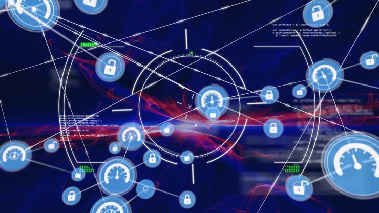 Animation af scanning over et netværk af digitale ikoner med databehandling på blå baggrund
