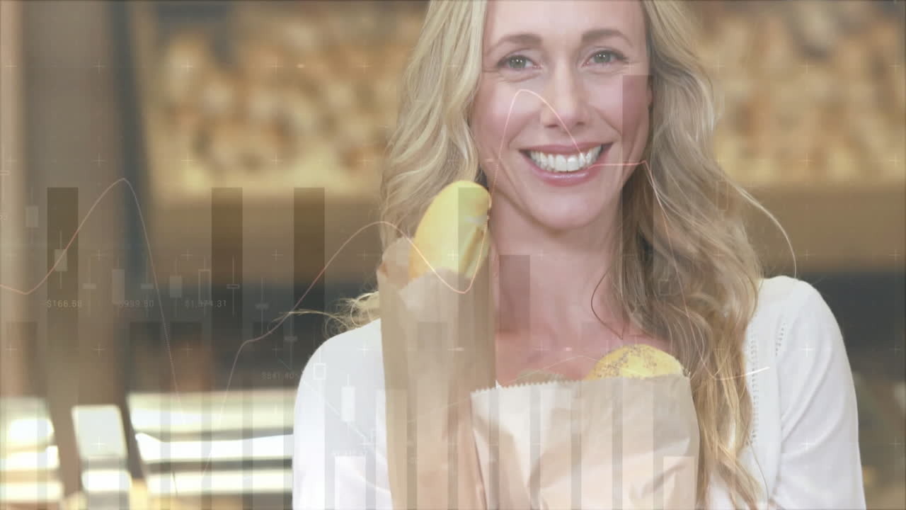 animación del procesamiento de datos financieros sobre las compras de comestibles de las mujeres caucásicas