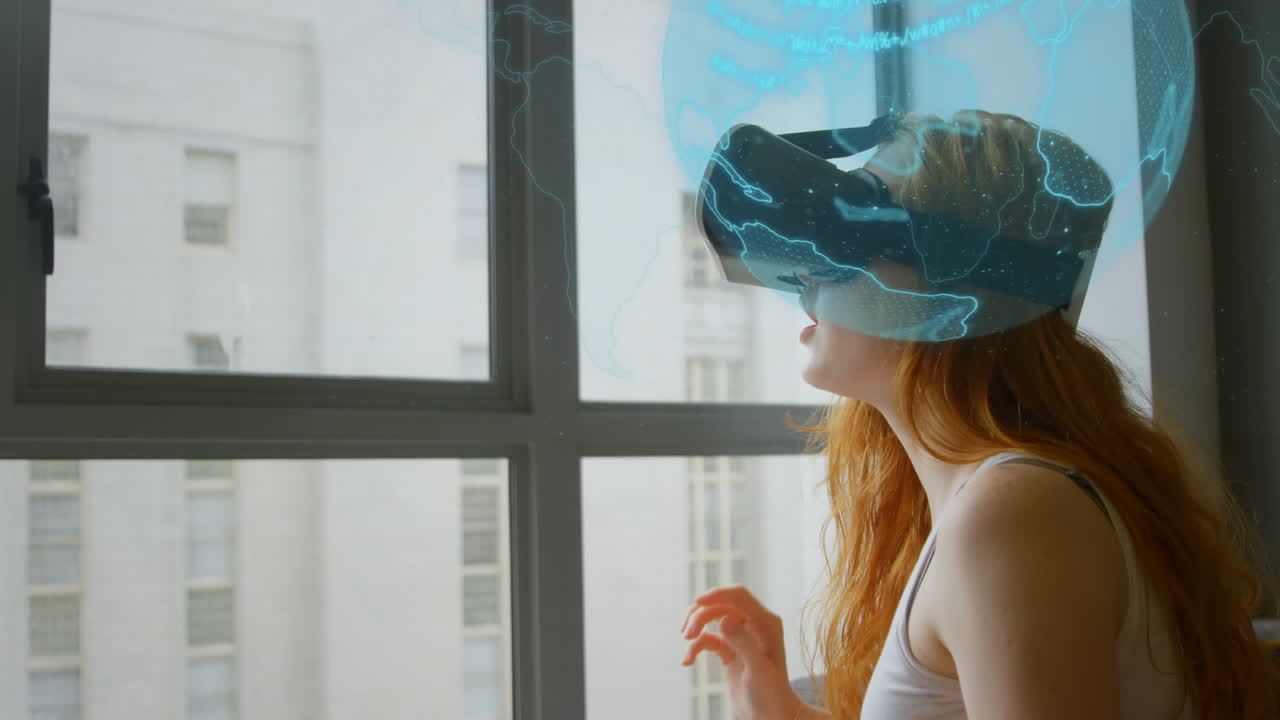 animación del globo con procesamiento de datos sobre la mujer usando auriculares vr