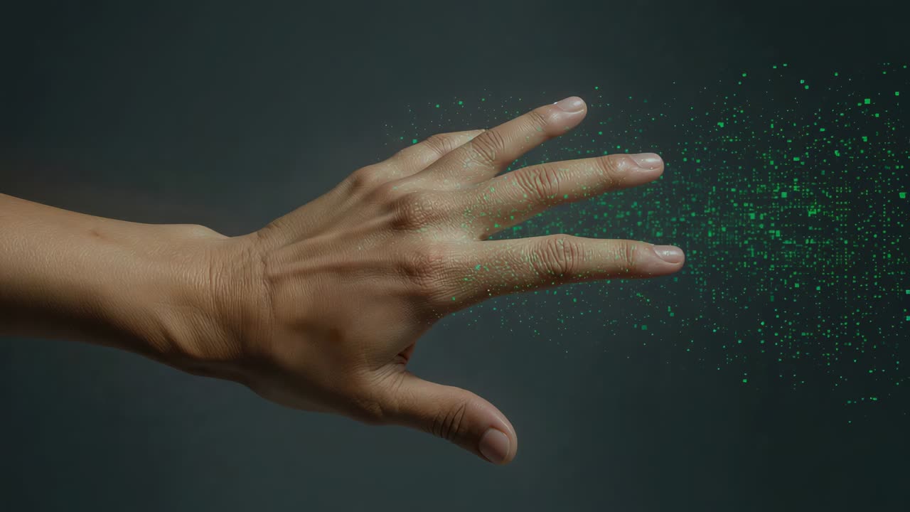 Entering from left, adult hand emitting bright green pixel stream across dark studio backdrop