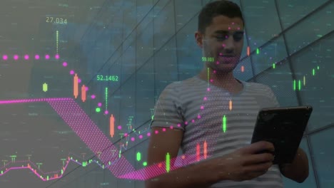 animation of financial data processing and world map over biracial man using tablet