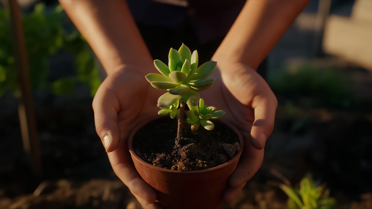Hands Holding Potted Succulent Plant