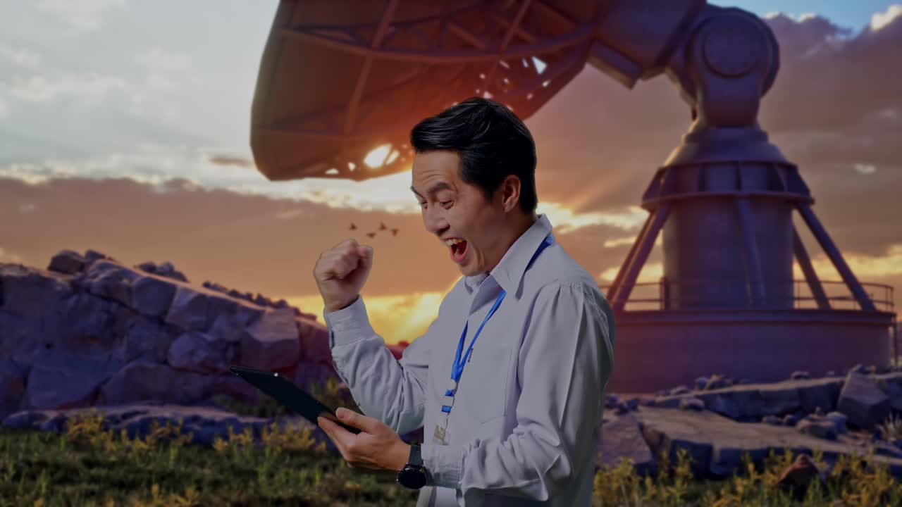Side View Of An Asian Male Professional Worker Standing With His Tablet With Large Satellite Dish, He Raises His Fist Up With Screaming Goal After Check On The Tablet