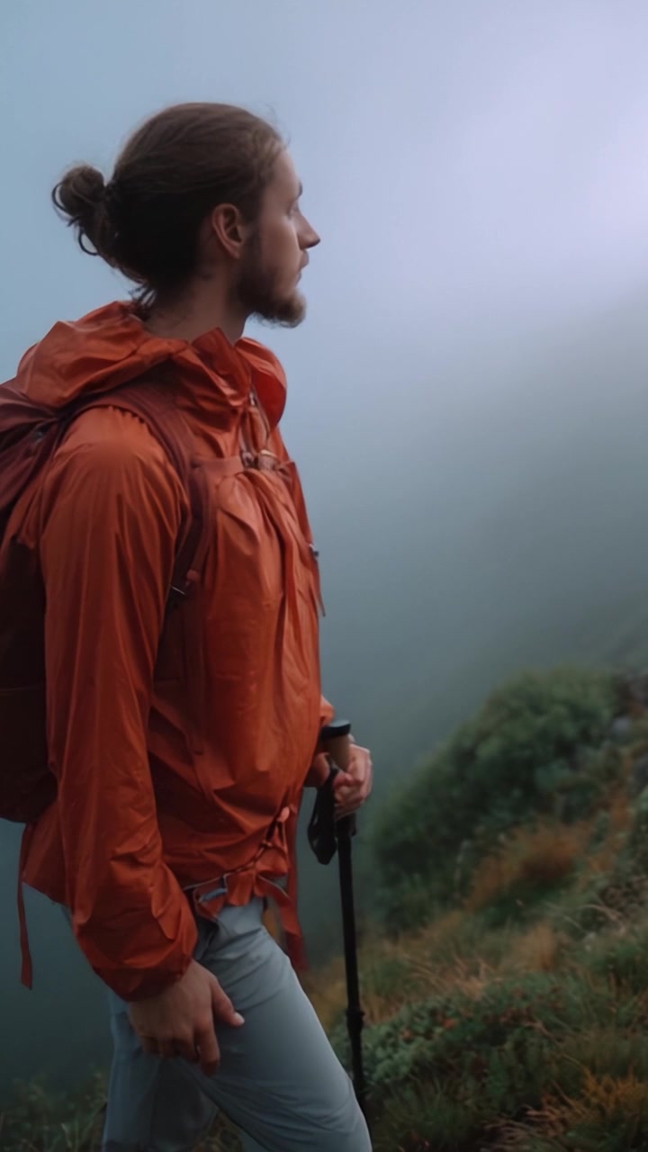 A Hiker Gazing Into the Misty Wilderness: Exploring Nature's Serenity and Adventure in Foggy Conditions