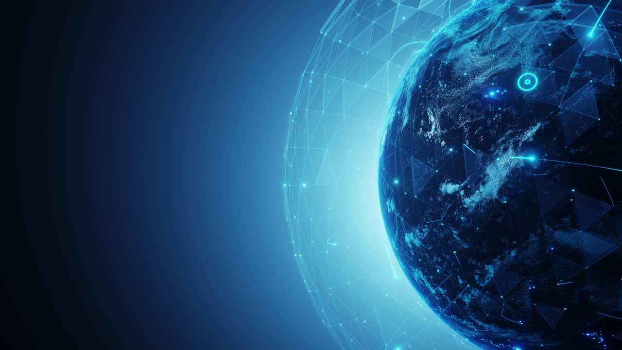 4K resolution, Tech Earth Globalization networking, blue line lights transmit data, Transfer speed data internet, triangle digital data, the world right position with copy space background