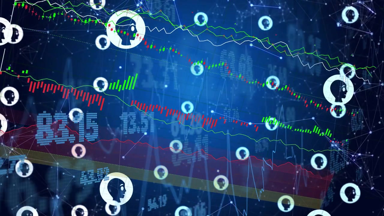 Dati in tempo reale che guidano nodi avatar, fluttuando, collegandosi e pulsando attraverso un HUD blu scuro, mostrando un calo del mercato