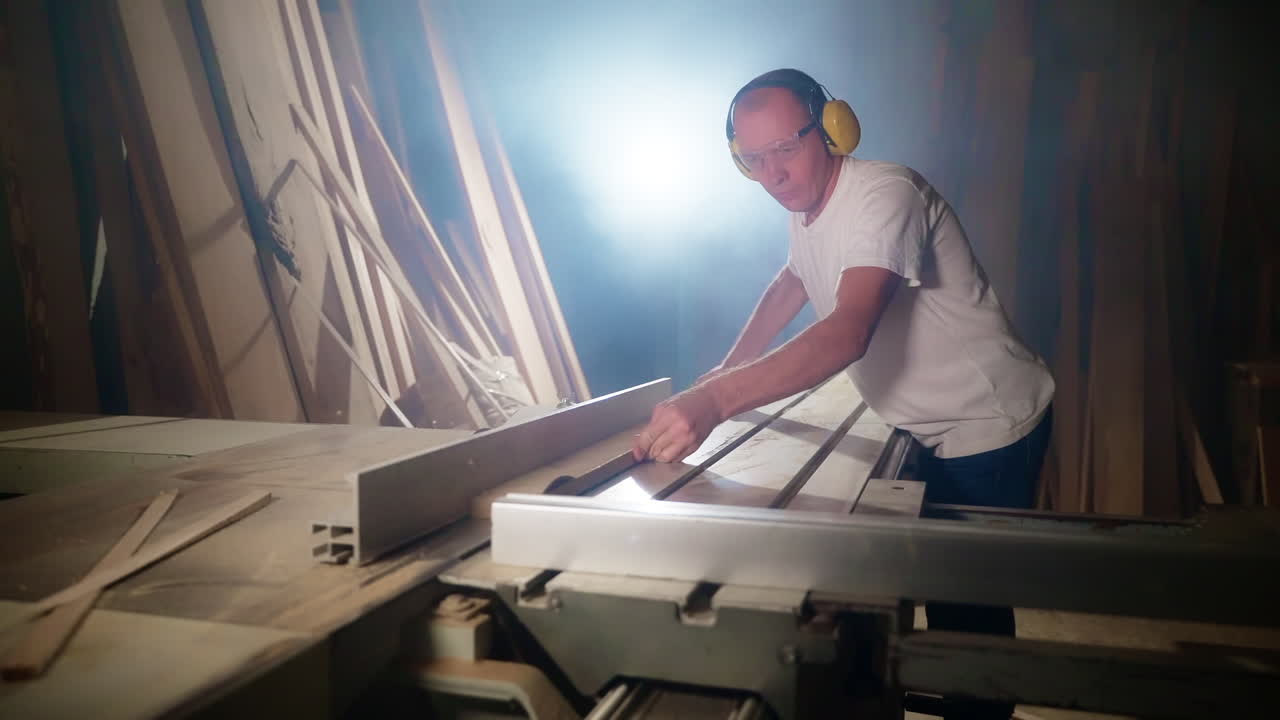 carpintero usando la sierra de mesa en un taller