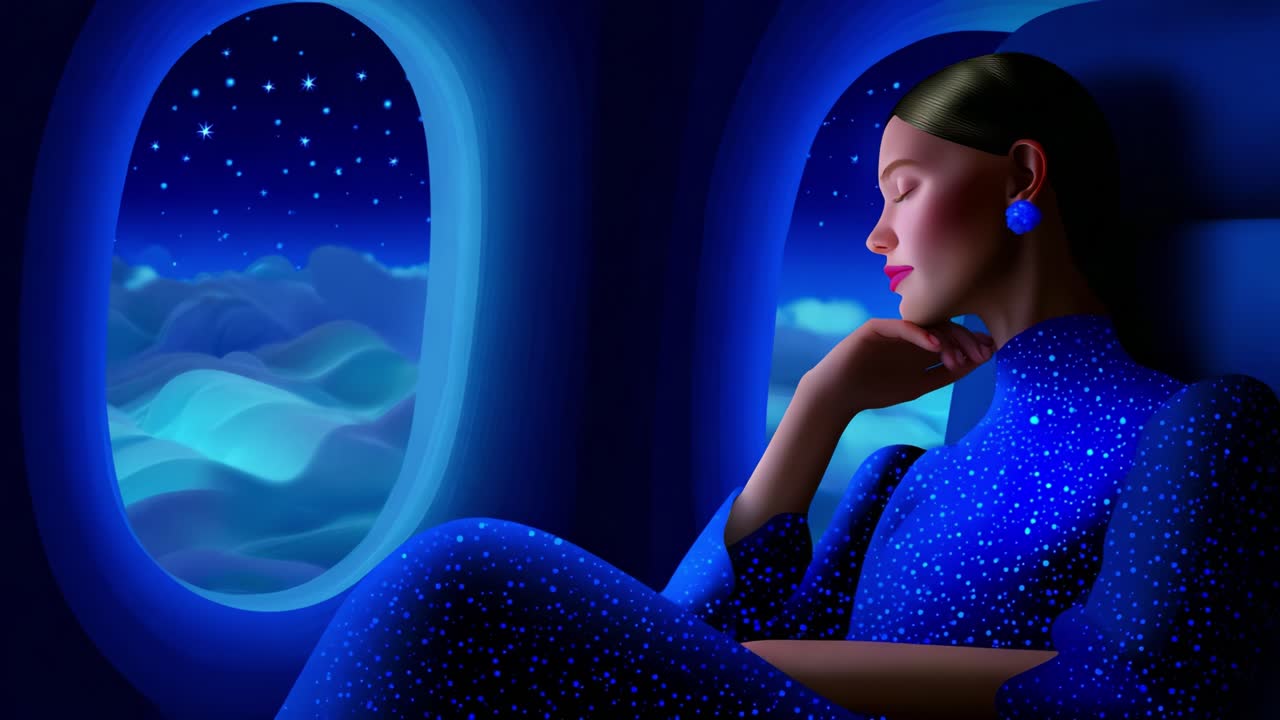 A Peaceful Journey Through the Night Sky: A Serene Woman in a Stunning Starry Outfit Contemplates the Beautiful Cloudscape Outside Her Airplane Window as She Relaxes During the Flight