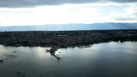 aerial: rive droite of geneva during the day with paquis bath and quartier des nations during the day in canton of geneva, switzerland, establishing drone shot