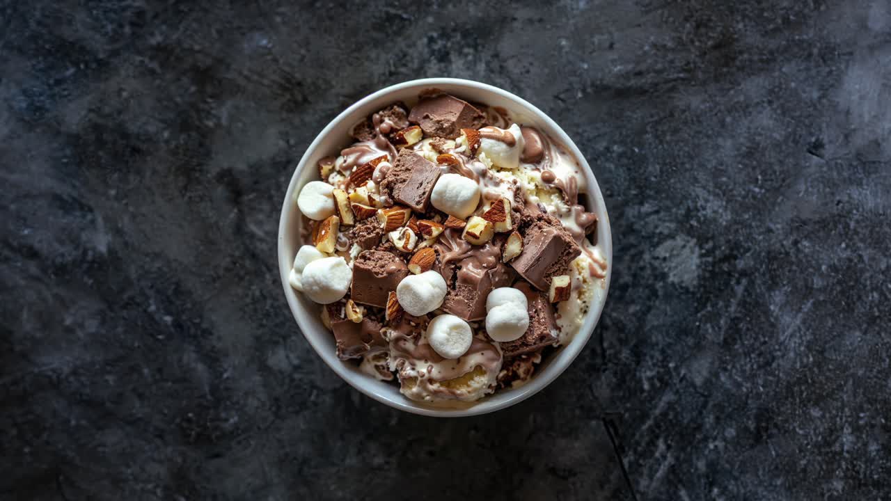 마쉬멜로, 아몬드, 초콜릿 소스와 함께 초콜릿 아이스크림 한 그의 클로즈업