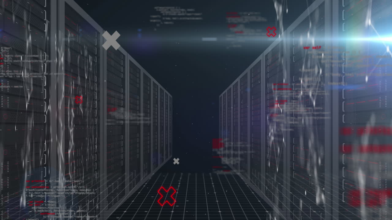 Animazione di elaborazione dati e forme su sala server