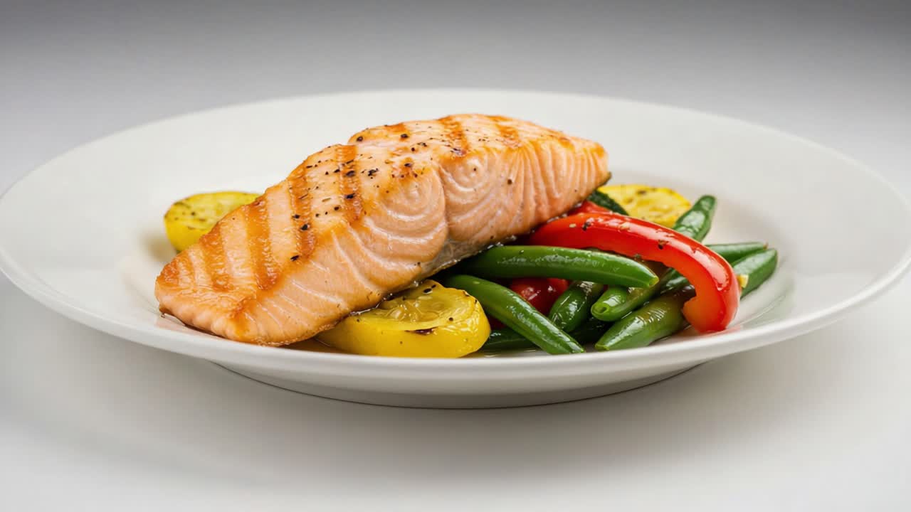 A beautifully plated dish featuring perfectly cooked salmon filet with vibrant vegetables, including green beans and colorful bell peppers, on a white plate