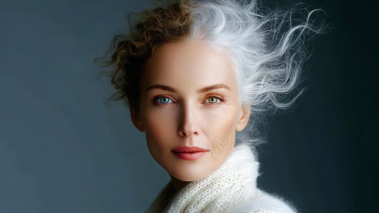 A Captivating Portrait of an Elegant Elderly Woman, Emphasizing Timeless Beauty with Graceful Hair Flowing, Soft Lighting, and a Subtle Expression that Reflects Life's Wisdom and Elegance in a Minimalist Setting